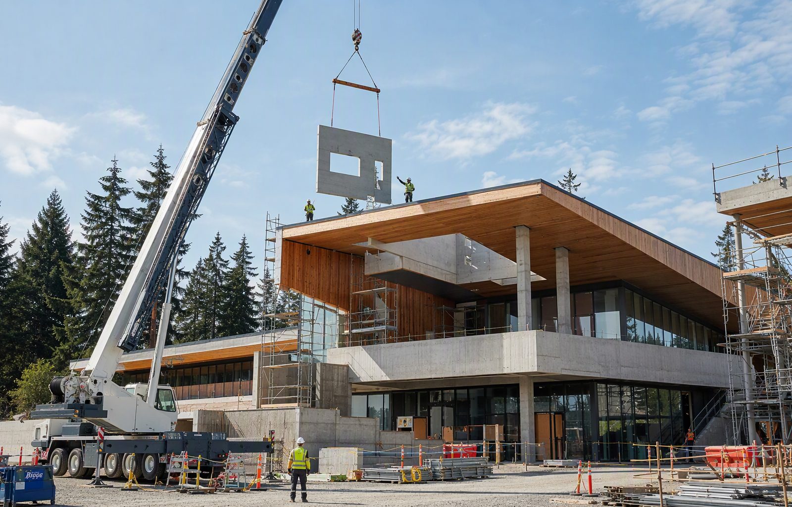 Safety coordinators walking an active commercial construction site with a client team