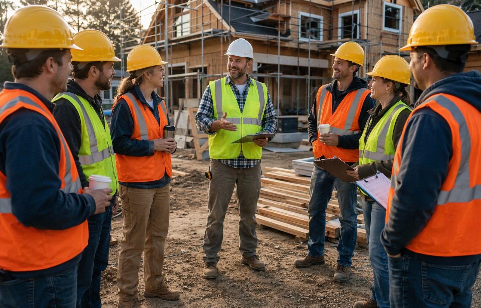 Construction crew toolbox talk on an active site