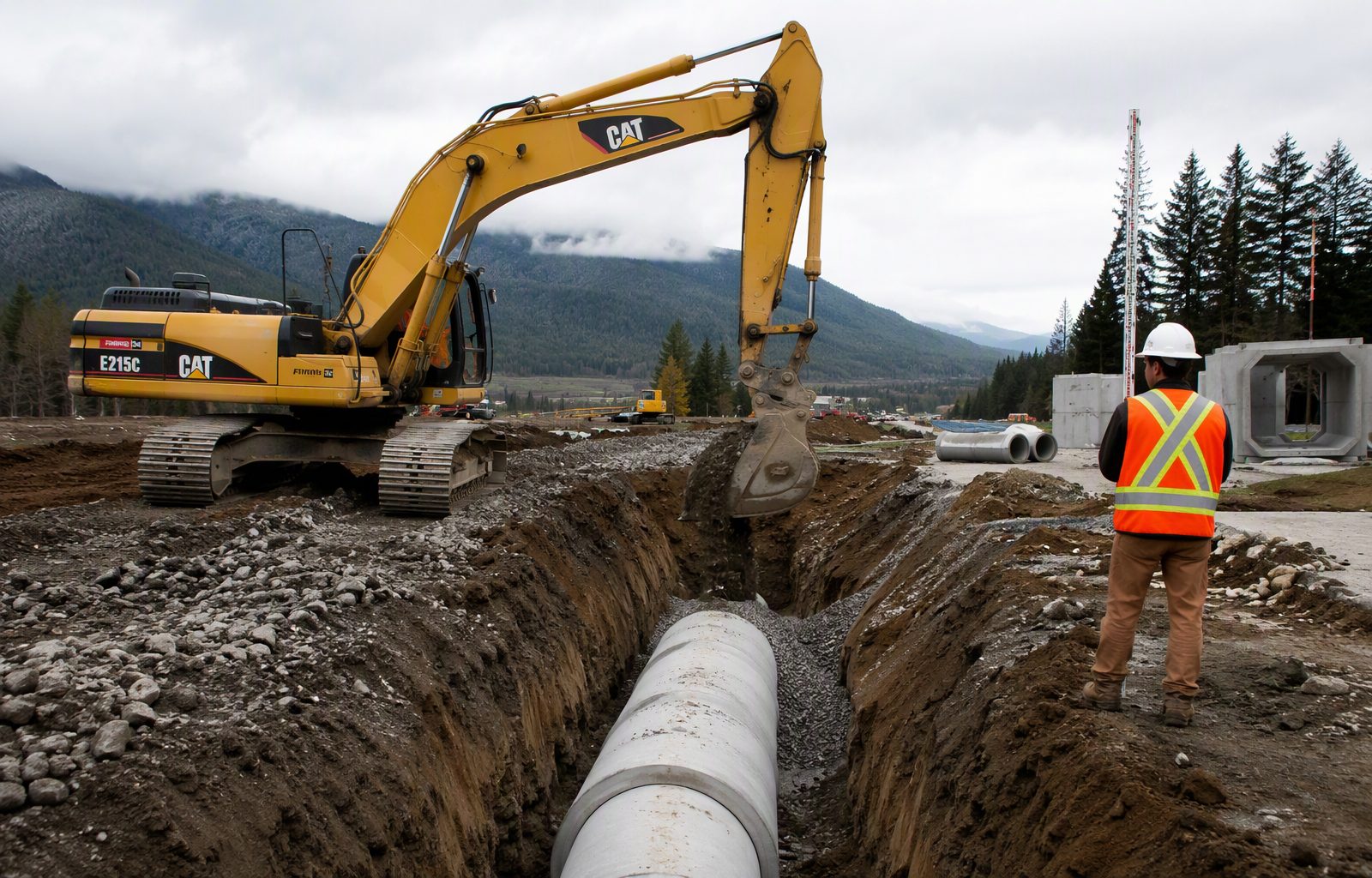 Excavator digging a utility trench on an active site