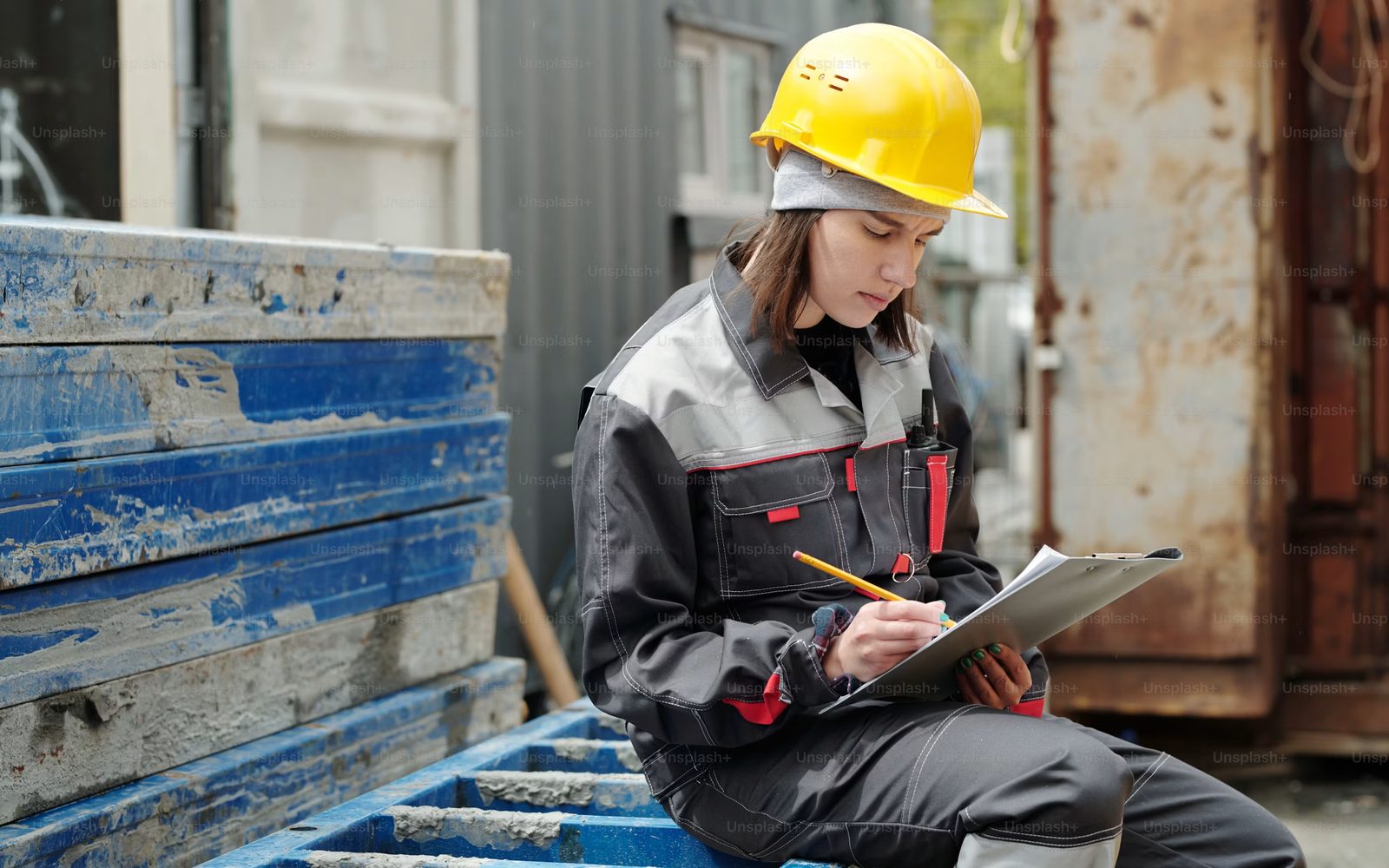 Safety professional in a hard hat reviewing documentation at a work site